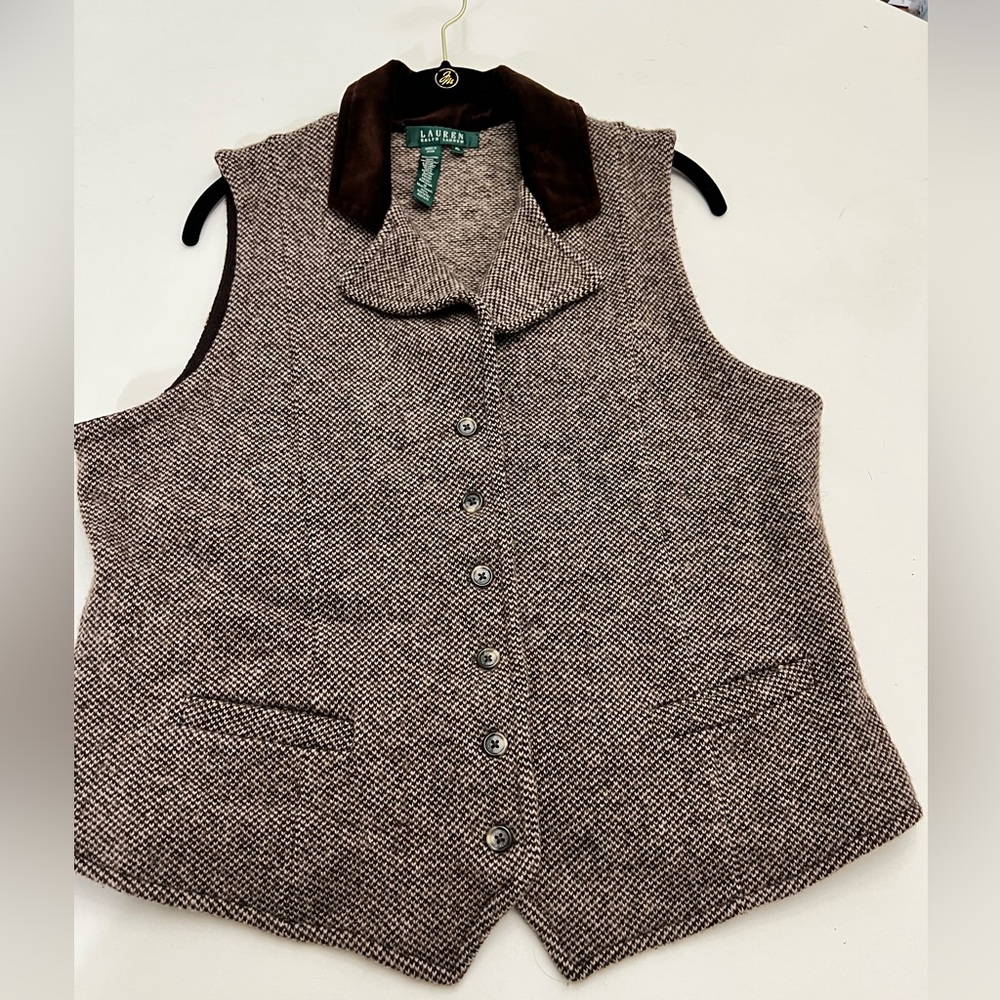 Vintage Ralph Lauren Brown wool Tweed Vest with Dark  velvet Collar size large